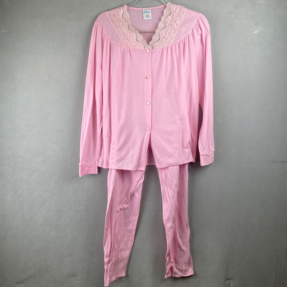 Vintage Prestige Sleepwear Pink Pajama Set Lace Trim Girly Button Up Top Pants M